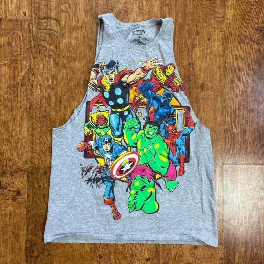 Marvel grey tank top with bold print of the avenger, sleeves cut off